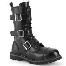 DEMONIA RIOT-12BK Men&#39;s Black Leather Punk Combat Steel Toe Calf High Boots - £94.77 GBP