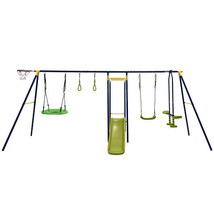 7-in-1 Stable A-shaped Outdoor Swing Set for Backyard - Color: Blue - £307.82 GBP