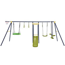 7-in-1 Stable A-shaped Outdoor Swing Set for Backyard - Color: Blue - £293.97 GBP