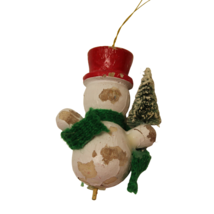 Vintage Small Wooden Snowman Christmas Ornament Red Top Hat Tree - £7.82 GBP