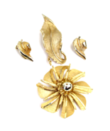 Vintage Gold Tone Flower Brooch and Leaf B. with matching clip on leaf e... - $24.75