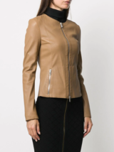 Leather Jacket Tan Women Biker Moto Collarless Pure Lambskin Slim Fit Size XL - £75.80 GBP