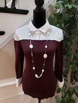 7TH Avenue Women&#39;s White &amp; Maroon Rayon Collared Long Sleeve Casual Top Blouse M - £19.51 GBP