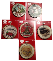 Holiday Time Faux Wood 4 in Christmas Ornaments 6 Pack Vintage Look Wood Ring - £15.84 GBP