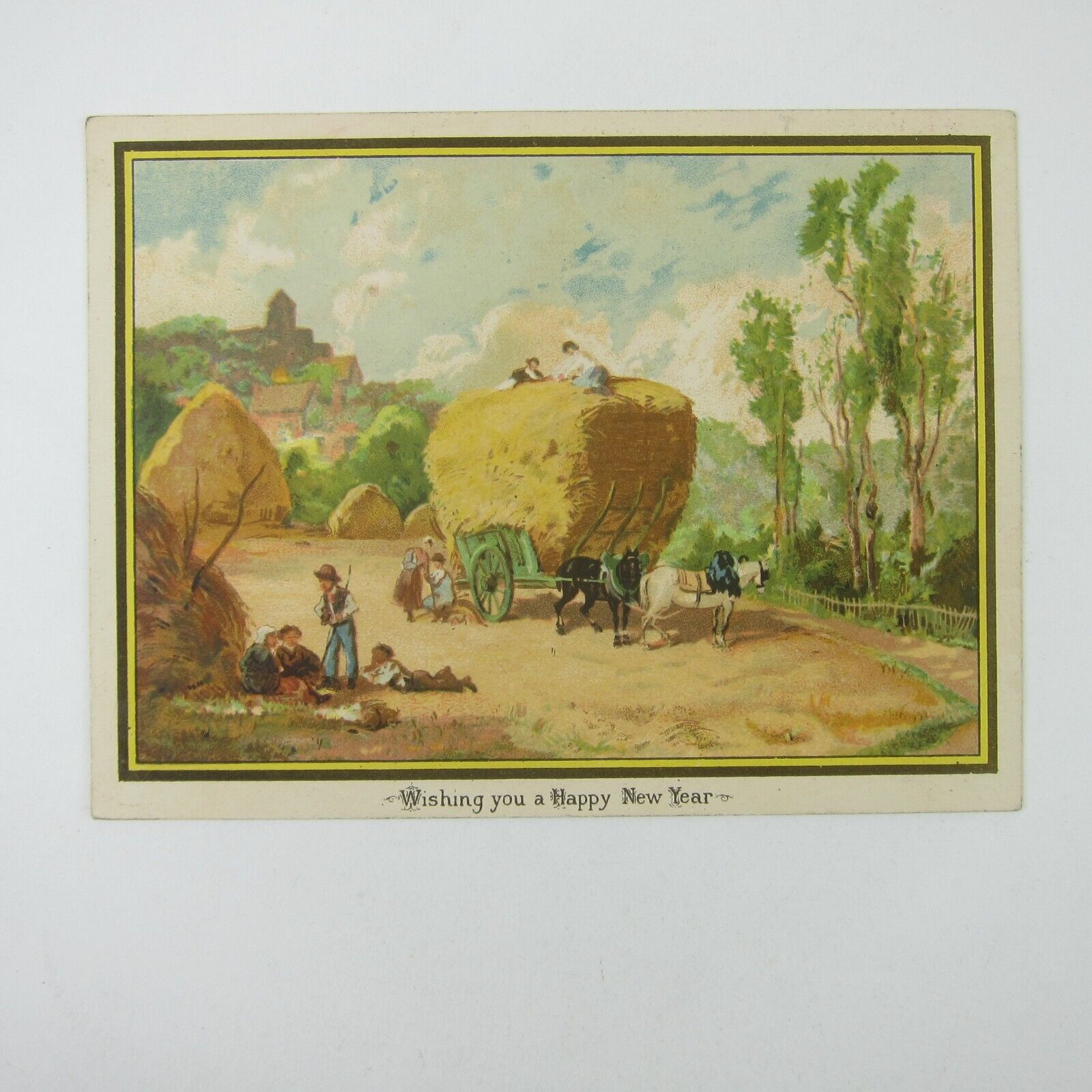Primary image for Victorian Greeting Card New Years Farm Harvest Horse Hay Wagon People Antique