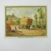 Victorian Greeting Card New Years Farm Harvest Horse Hay Wagon People Antique - £4.73 GBP