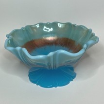 Turquoise/Blue Footed Glass Shallow Ruffled Edge Vintage Bowl - $645.87 MXN
