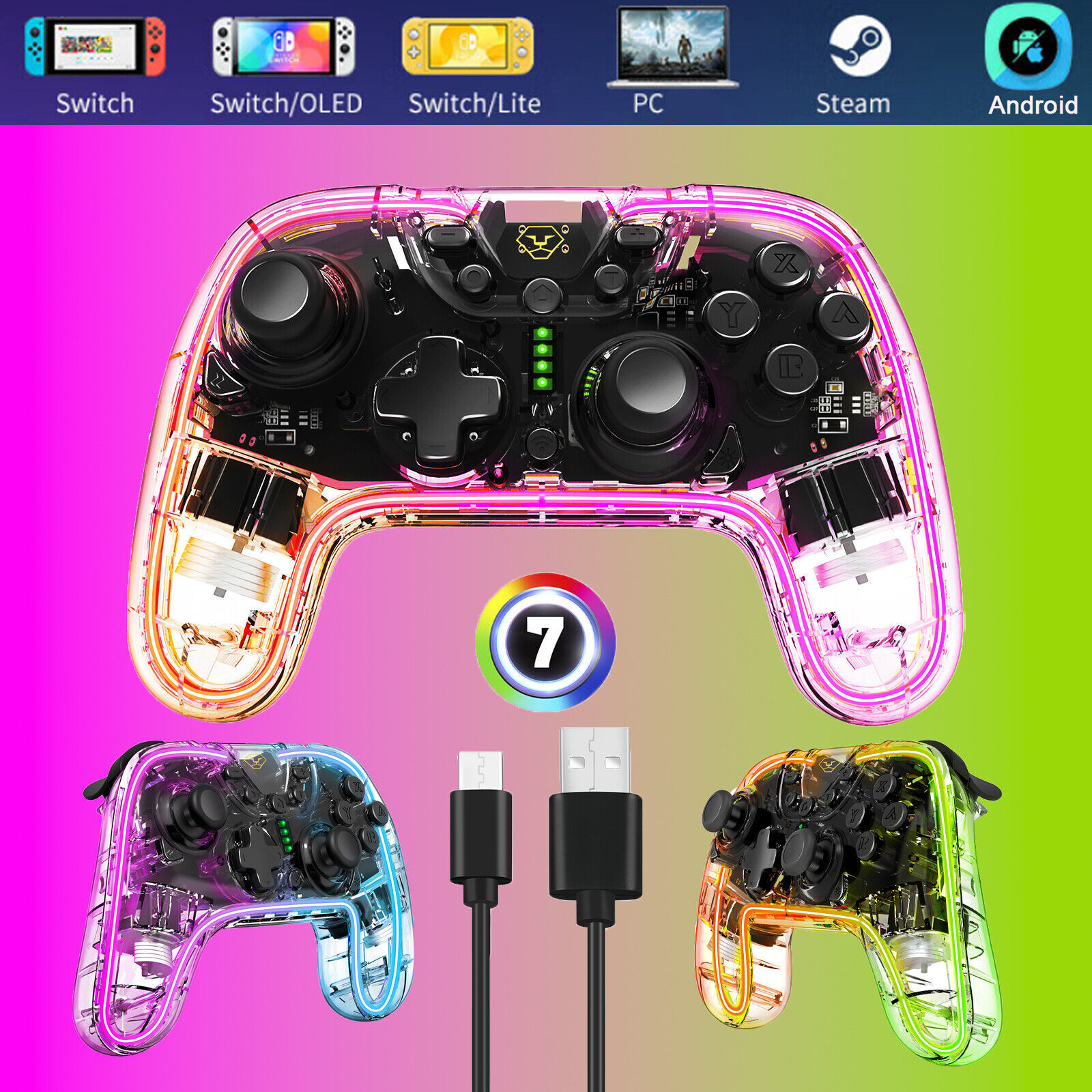 Wireless Pro Controller Gamepad For Nintendo Switch Joypad 7-RGB Color Effect
