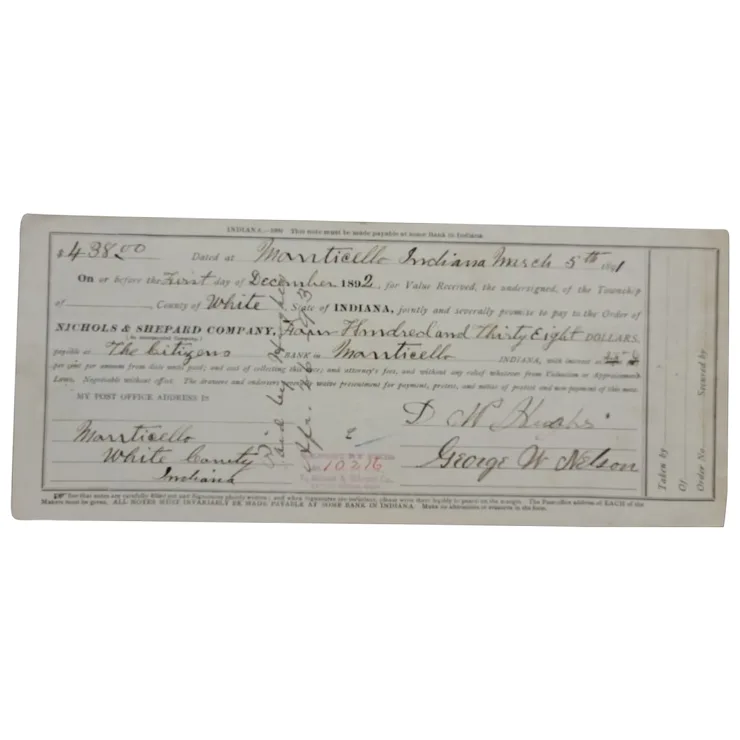 1891 Bank Note issued in Monticello, White County, Indiana  The Citizens Bank of - £54.40 GBP