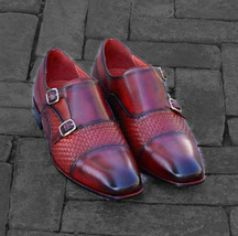 Mens Handmade Shoes Double Monk Woven Burgundy Cap Toe Dress Leather Formal Boot - £119.89 GBP+