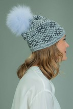 AVIMA Slouchy Knit Wool Hat with Fur Pom-Pom in Gray Rhombus Pattern - $45.82