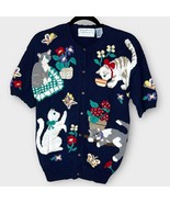 VINTAGE hand embroidered crazy cat lady short sleeve navy sweater size l... - €106,17 EUR