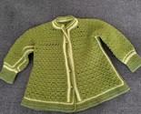 Childs Wool Cardigan Sweater Hand Knitted Crochet Olive Green 1960&#39;s See... - $24.74