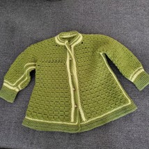Childs Wool Cardigan Sweater Hand Knitted Crochet Olive Green 1960&#39;s See... - £19.38 GBP