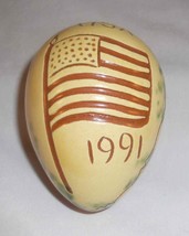 1991 Breininger Glazed Redware Egg Yellow and Brown Sgraffito American Flag - $50.00