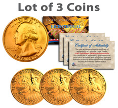 Bicentennial 1976 Quarters US Coins 24K GOLD PLATED w/Capsules &amp; COA *Lot of 3* - £10.60 GBP