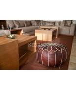 Moroccan leather Pouf, round Pouf, berber Pouf, Dark Brown Pouf with Bei... - $82.51 CAD