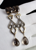 Natural Smoky Quartz Gemstone Diamond 18K Gold Victorian Silver Dangle Earring - £607.51 GBP