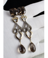 NATURAL SMOKY QUARTZ GEMSTONE DIAMOND 18K GOLD VICTORIAN SILVER DANGLE E... - $14,445.21 MXN