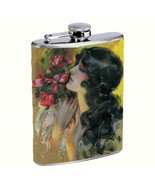 Flask 8oz Stainless Steel Classic Vintage Roses Pin Up Girl Illustration - $23.07 CAD