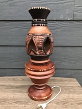 VTG Unique Wooden Hand Carved Lamp 17 1/2 Inches Tall Bohemian Aztec Geometric - £57.33 GBP