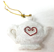 Heart Tea Pot Christmas Ornament Resin Hand Painted White Red Vintage - $12.30