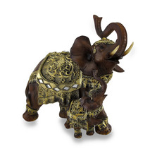Scratch &amp; Dent Exotic Wood Look Trumpeting Mother and Calf Thai Elephant Statue - £27.25 GBP