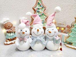 Peppermint Square Patel Pink Snowman Trio Christmas Figurine Statue Decor - $38.60