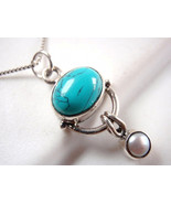 Turquoise and Natural Dangle Pearl 925 Sterling Silver Pendant New - £12.73 GBP