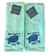 Slow Down Sea Turtle Hand Towels Embroidered Bathroom Beach Summer Set of 2 - £33.00 GBP