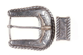 Vintage 1&quot; Elk Creek Sterling and Gold Filled Longhorn Hand engraved belt buckle - £255.03 GBP