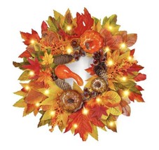 16&quot; Pre-Lit Fall Thanksgiving Wreath, Battery Operated Outdoor Home Decor - New - £18.98 GBP