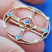 Earth mined Sapphire Pearl Art Deco Geometric Brooch Vintage Solid 14k G... - $1,610.25