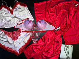 Victoria&#39;s Secret 36B,36DD Bra+Garter+Cami Set+Robe Lilac Silver Red Embroidered - £197.83 GBP