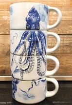 Pier 1 Octopus Whale Turtle Sea Life Stackable Coffee Mugs Blue &amp; White Set of 4 - £19.56 GBP