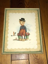 Vintage Green &amp; Cream Painted Wood Frame with Cute Dutch Boy Selling Flowers  - £9.71 GBP