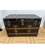 Vintage WOOD STEAMER TRUNK chest coffee table storage box antique brown ... - $171.26 CAD