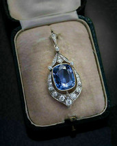 5.00Ct Blue Sapphire &amp; Round Diamond Art Deco Pendant 14K White Gold Over - £66.94 GBP