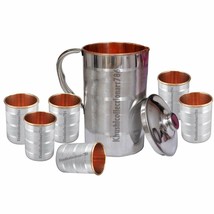 Pure Copper Steel Water Pitcher Jug Silvertouch 6 Drinking Glass Health Benefits - £56.54 GBP