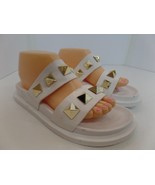 Qupid White Strappy Rubber Slip on Sandals W Bold Goldtone Riveting Sz 8 - £19.42 GBP