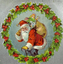 1909 Santa Claus with Walking Cane Bag of Toys Wreath Silver Christmas P... - £7.38 GBP
