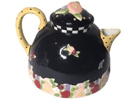 Mary Englebreit Teapot 6 1&#39;2&quot; By 8 1&#39;2&quot; Black With Colored Flowers Rare Euc - £40.18 GBP