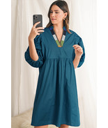 Blue Sapphire Patchwork V Neck Puff Sleeve Pleated Mini Dress - $43.57