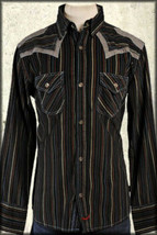 Fender Scallop Shoulder Western Men Long Sleeve Button Up Shirt Black Stripes S - £40.08 GBP