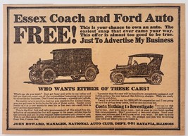 1923 Essex Coach &amp; Ford Cars Giveaway Advertisement John Howard Auto Clu... - $19.99