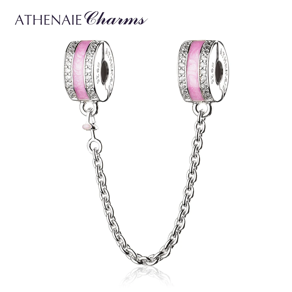 925 Sterling Silver Clear Charms CZ Pink Enamel Shining Safety Chain Charm Fit E - £43.53 GBP