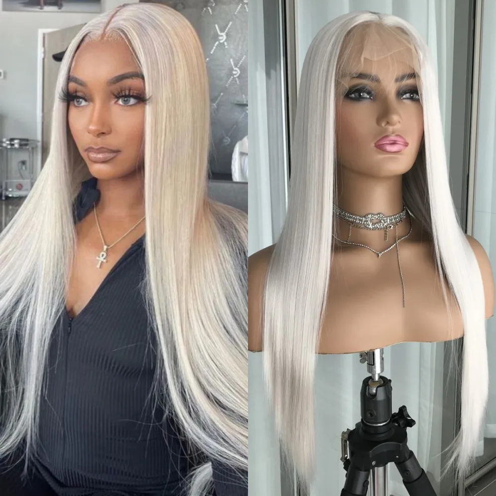 Long Straight 13x4 Lace Front Wig Platinum Silver Glueless Synthetic Lace Wigs - £38.97 GBP+