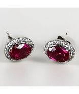 925 Sterling Silver 6 x 9 mm Blood Red Ruby &amp; White Gemstone Halo Earrings - $82.96