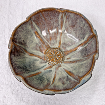 Handmade Thrown Pottery Open Flower Poppy Bowl Drippy Glaze Blue Brown G... - $29.21