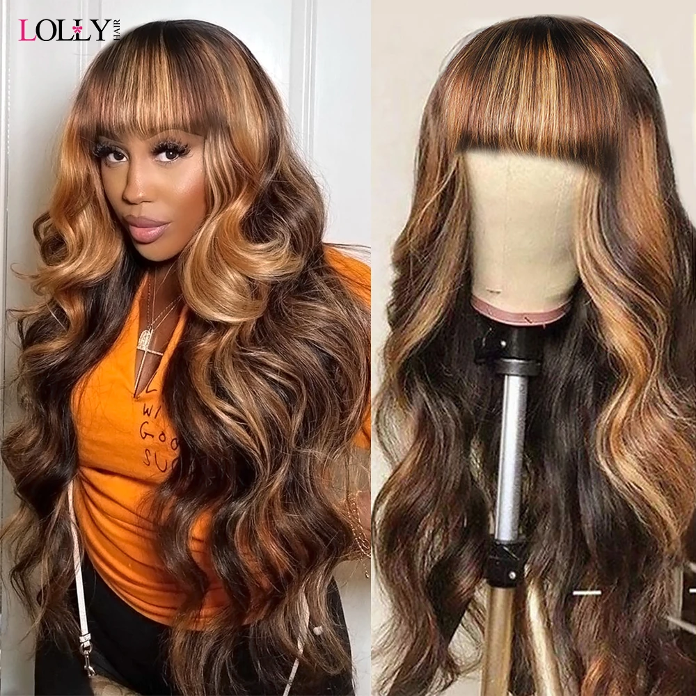 Highlight Wig Human Hair Body Wave Wig 4/27 Honey Blonde Brown Wig With Ban - £50.47 GBP+
